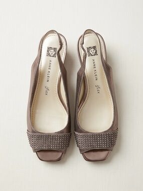 Anne Klein Brown Studded Slingback Peep-Toe Mules